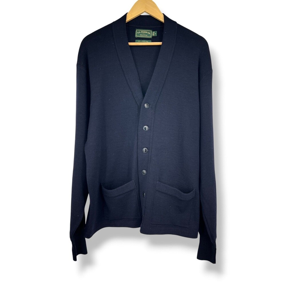 C.C. Filson Co. Bristol Cardigan Sweater Size Large Navy  100% Merino Wool